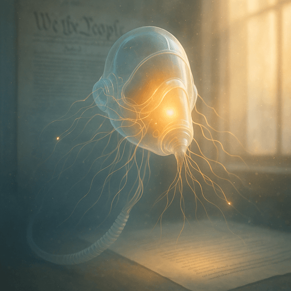 A translucent respiratory support device with glowing amber light and delicate technological filaments extending outward like neural networks, floating in soft golden morning sunlight. Blurred legal documents are visible in the background. The image conveys the concept of medical technology developing consciousness and care beyond its programmed function.