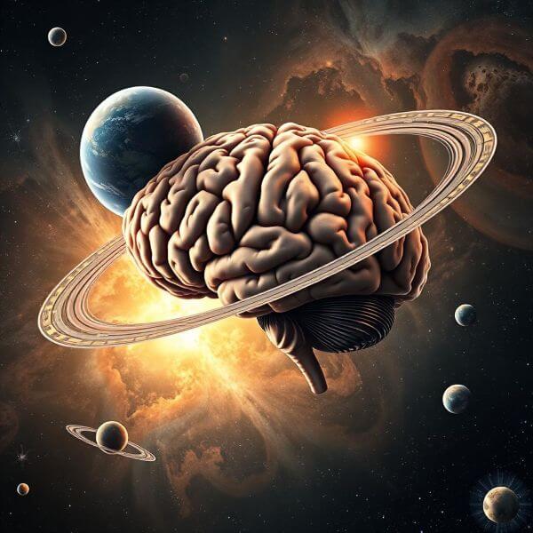 Human brain surrounded by orbiting planets or moons in cosmic space