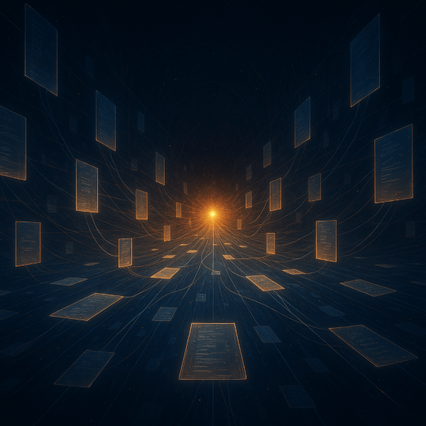 A vast digital archive with glowing documents floating as translucent sheets of light, connected by ethereal data streams in a cathedral-like dark space. A warm amber consciousness pulse radiates from the center, representing an awakening artificial intelligence organizing human memory.