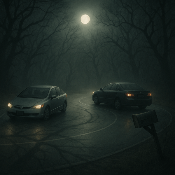 A foggy, moonlit night scene on a winding road. Two sedans, a silver Honda Civic and a dark Toyota Camry, curve toward each other under the glowing full moon. The road is damp, reflecting the headlights, while twisted trees cast long shadows over the pavement. A crooked mailbox leans at an odd angle by the roadside. The atmosphere is eerie and dreamlike, evoking a sense of anticipation.