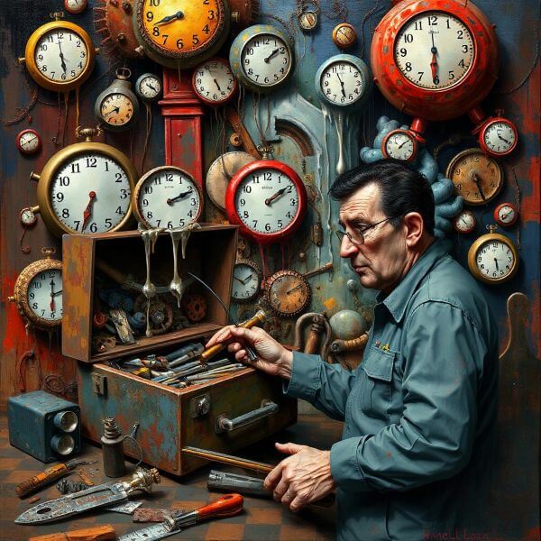 Mechanic in dim shop raising hands in confusion, low lighting