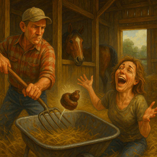 A barn scene showing a woman kneeling in hysterical laughter while a farmer works obliviously with his pitchfork near a wheelbarrow, with straw scattered on the wooden floor.