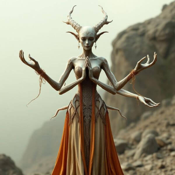 Ethereal figure with horns and four arms in prayer position against misty mountain landscape, representing coupled embodiment