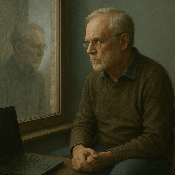 Person in soft light looking downward in reflection, moody setting