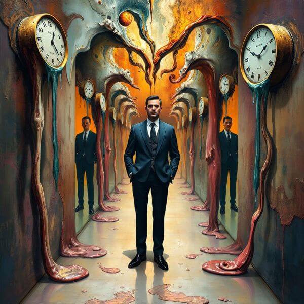 Suited man walking through mirrored hallway reflecting multiple versions