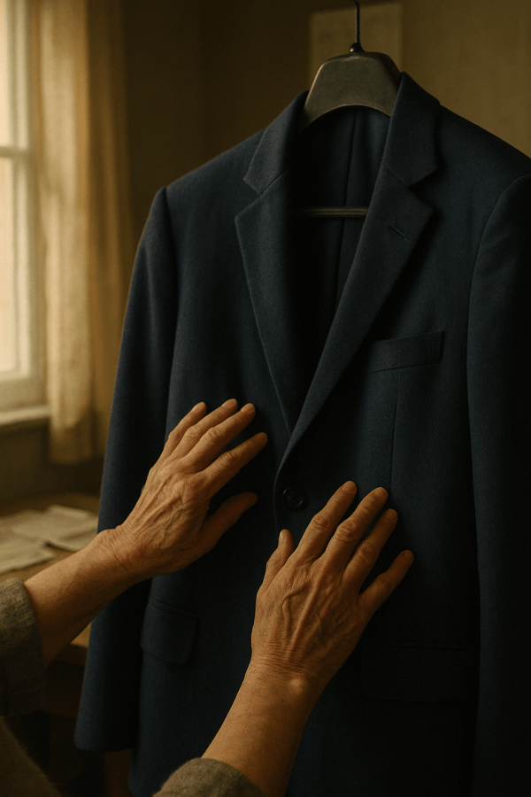 Close-up of hands holding dark suit jacket in warm window light