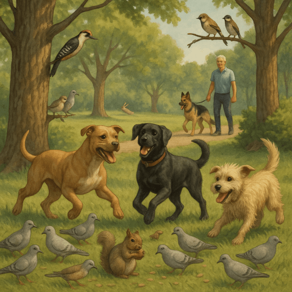 Dogs playing in a park with birds and squirrels nearby, illustrating interspecies communication through body language and territorial marking