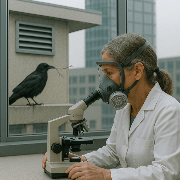 A woman in a large air processing mask examining samples through a microscope in a glass laboratory room, while a crow with a twig in its beak sits under an eave near an air vent outside the building.