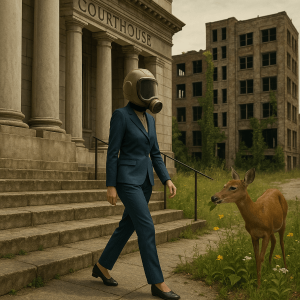 Photorealistic image of a woman in a blue suit wearing a full-head radiation filtering apparatus walking up courthouse steps, with abandoned buildings, wildflowers, and a deer grazing in the post-apocalyptic urban landscape.