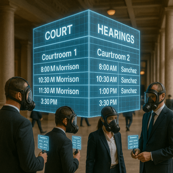 Alt Text: "Photorealistic interior of a courthouse with a large holographic calendar displaying hearing schedules, while people in full head breathing apparatus walk around with tiny holographic calendar replicas floating in front of their faces.