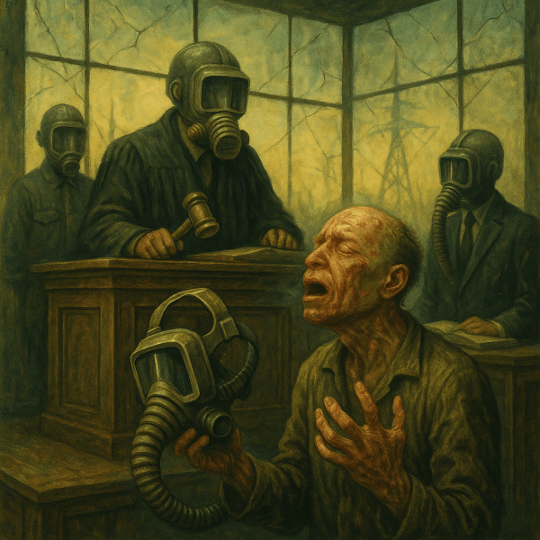Surrealist dystopian glass courtroom with judge, attorney, and bailiff wearing large air intake headgear devices, while a defendant with radiation pustules on his face holds his removed breathing apparatus and gasps for air before the bench.