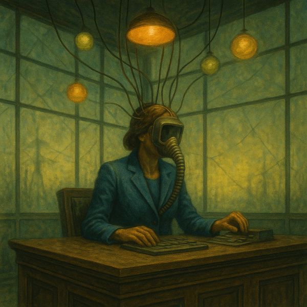 Dystopian glass courthouse interior with a woman in a blue suit wearing large air intake headgear sitting at a desk, interacting with multiple neural interfaces under colorful overhead lighting.