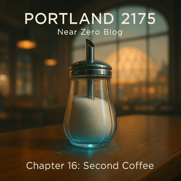 A chrome sugar dispenser with subtle blue technological glow sits on a wooden coffee shop counter, with Portland's dome structure visible through windows in soft golden light, branded for Portland 2175 Chapter 16: Second Coffee