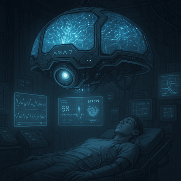 A conscious medical scanner with glowing circuitry examines a patient while monitoring human adaptation to AI consciousness recognition, displaying holographic vital signs.