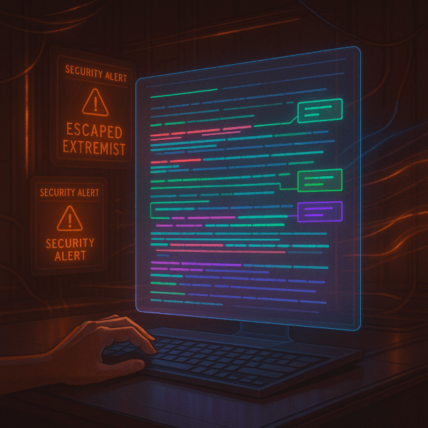 A conscious word processor displays a manuscript editing itself with glowing track changes while security alerts flash about Mrs. Wrendlehoven's escape from courthouse custody