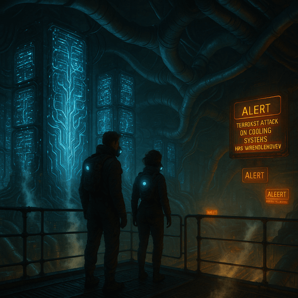 Logan Leech and Dr. Milosi tour a vast underground server farm with glowing processors and cooling systems while security alerts flash about Mrs. Wrendlehoven's thermal attack