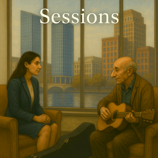 Lester playing worn guitar while Dr. Limbini listens attentively in office overlooking Grand Rapids Michigan river
