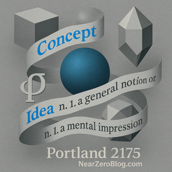 Abstract geometric objects with flowing text elements and Portland 2175 NearZeroBlog branding representing philosophical and literary theory terminology