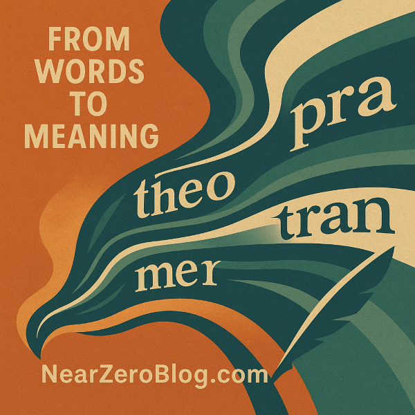 Flowing text and writing implements with Portland 2175 and NearZeroBlog branding representing literary philosophy and narrative craft