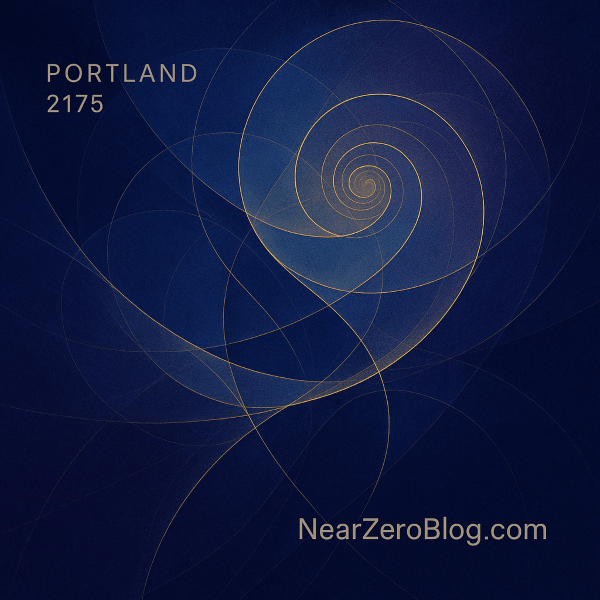 Abstract geometric forms intersecting with Portland 2175 and NearZeroBlog branding representing philosophical consciousness and embodied meaning
