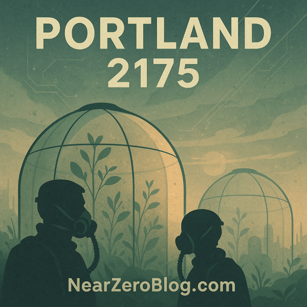 Stylized dome city landscape with filtered lighting representing post-apocalyptic Portland 2175 with NearZeroBlog branding