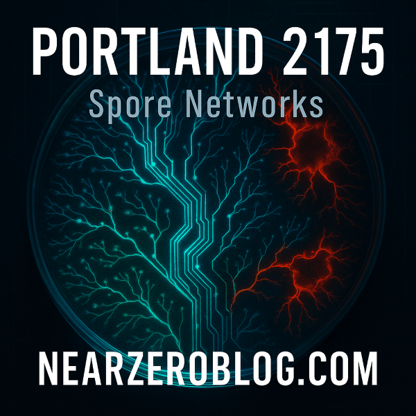 Laboratory petri dish containing bioluminescent fungal networks that mirror artificial intelligence architecture, with healthy mycelial threads glowing blue-green alongside corrupted red sections representing biological weapons targeting consciousness collaboration in Portland 2175