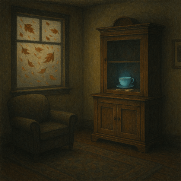 An old envelope tucked beneath a blue teacup in a cabinet with autumn leaves swirling outside.