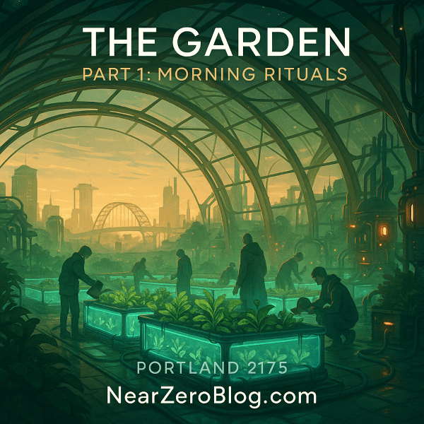 Futuristic dome garden with bio-luminescent plants and technological systems, featuring "The Garden Part 1: Morning Rituals" title and NearZeroBlog.com branding
