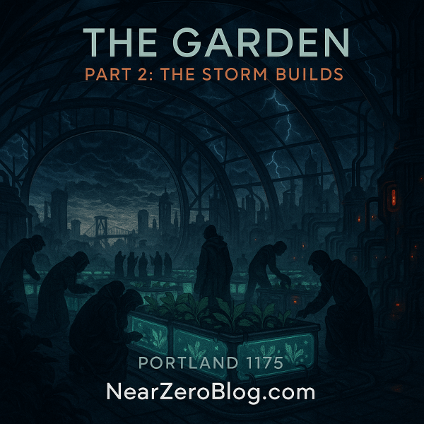 Tense scene of futuristic dome garden with storm approaching, showing conflict between technology and tradition, titled "The Garden Part 2: The Storm Builds