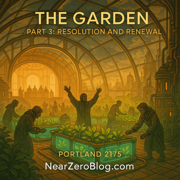 Thriving futuristic dome garden showing resolution and community collaboration, titled "The Garden Part 3: Resolution and Renewal