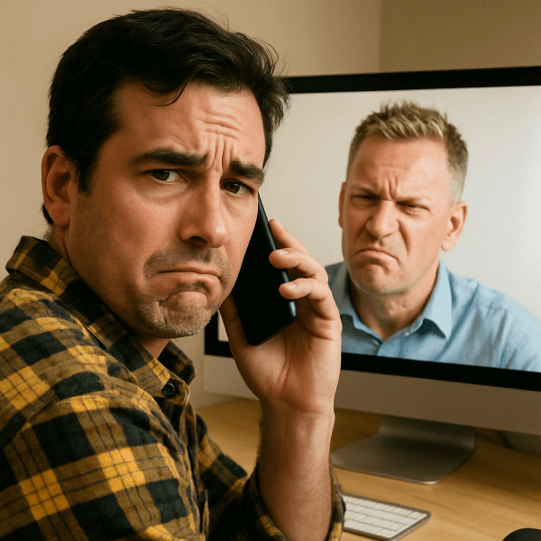 A man in a yellow-and-black flannel shirt sits at his desk, phone to his ear, wearing a tired “here we go again” look. On his computer screen, a man with spiked sandy hair speaks with visible derision.