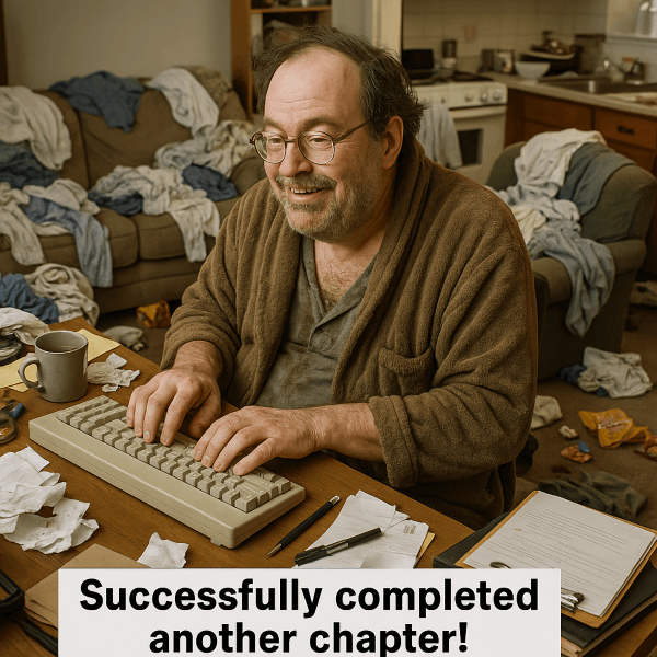 Photorealistic image of a disheveled middle-aged man in a dirty bathrobe typing at a cluttered desk surrounded by laundry, papers, and dishes, with a caption that reads “Successfully completed another chapter!”