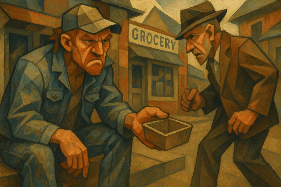 Cubist image of a redneck panhandler accosting an elderly gentleman for change in front of a local grocer.