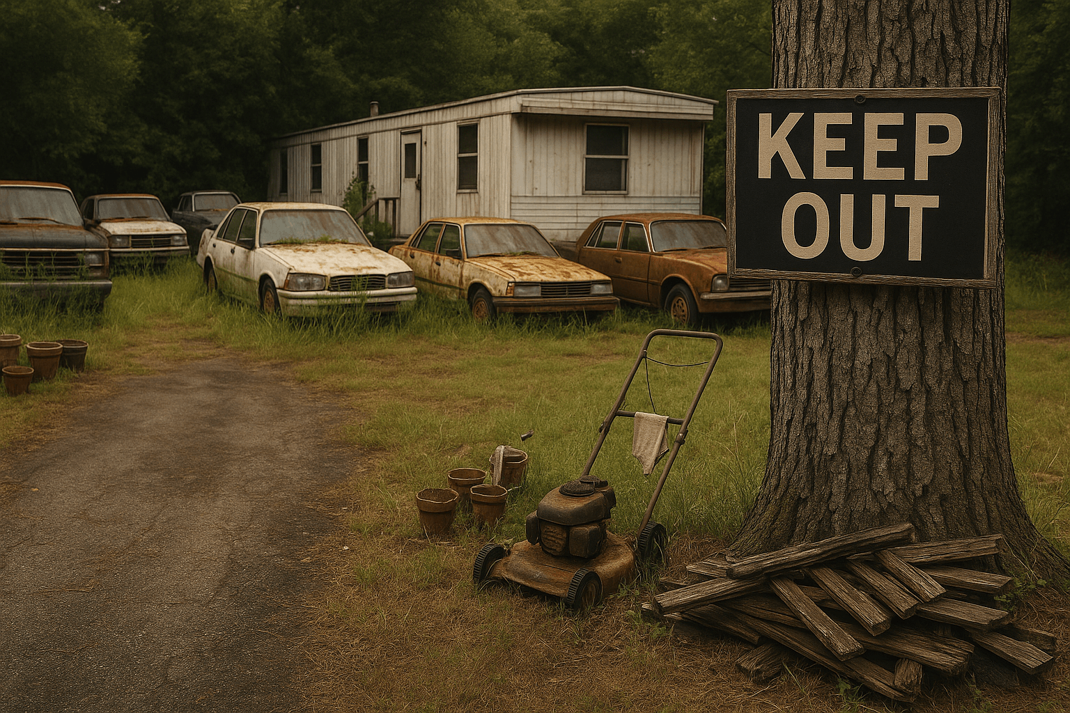 A run down mobile home with several junk vehicles in the yard and a Keep Out sign nailed to a tree