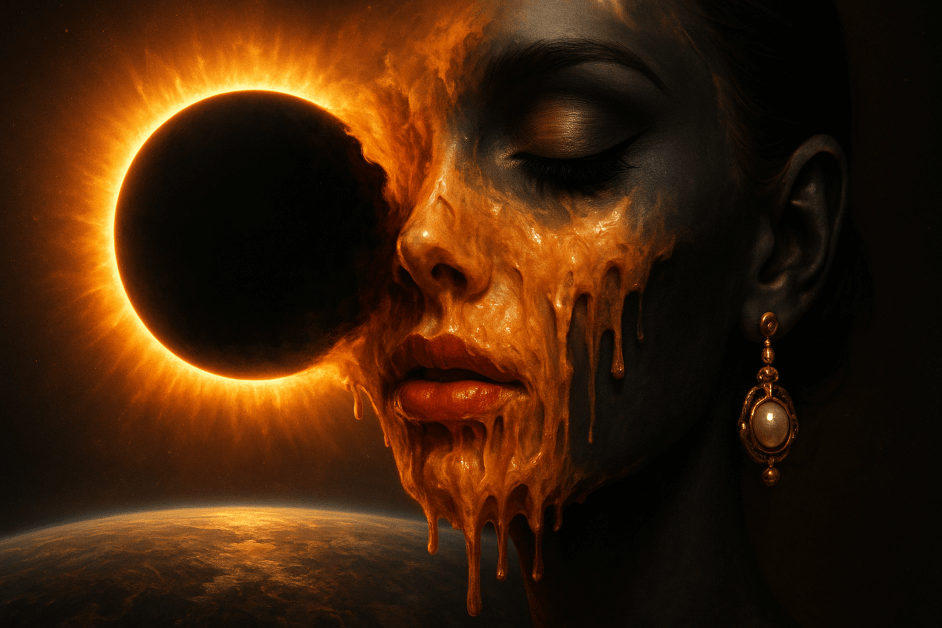 Symbol of an eclipse and a human face with makeup and jewelry melting