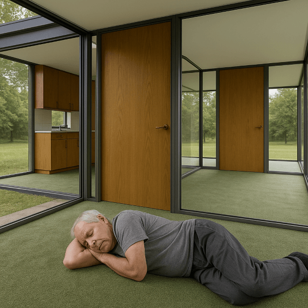 An old man sleeps on the floor of a glass house with no furniture.
