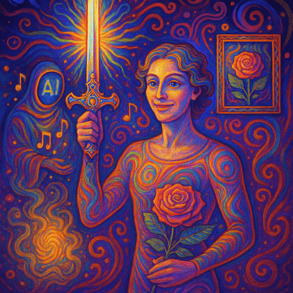 Psychedelic image of a young man holding a sword and a rose
