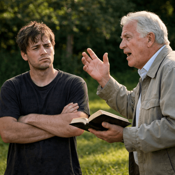 Twenty three year old with his arms crossed listening to a preacher