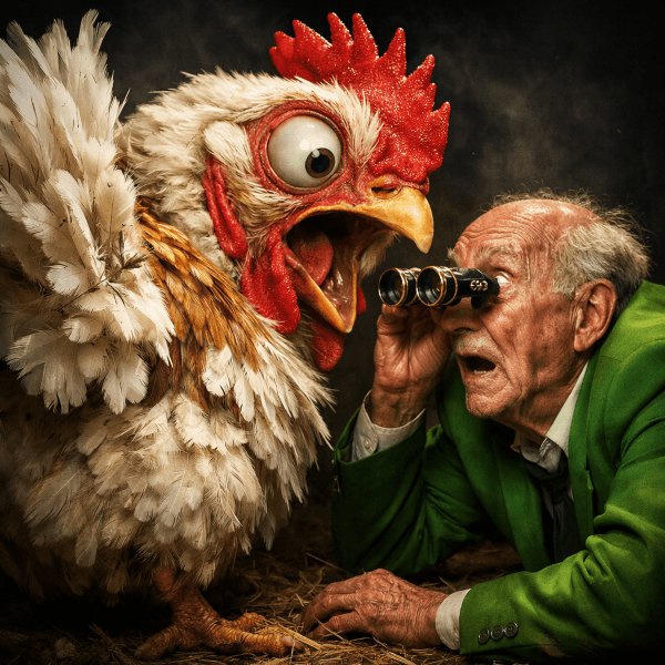 An old man binoculars face to face with an angry chicken